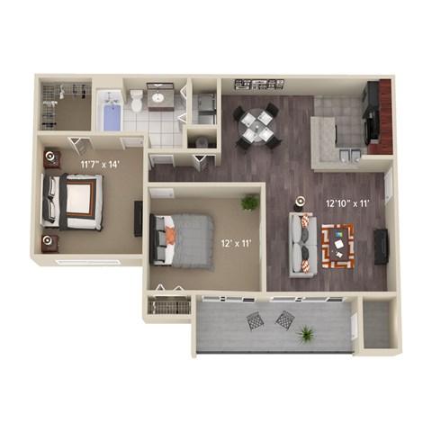 B1 CEDAR two bedroom one bathroom floor plan